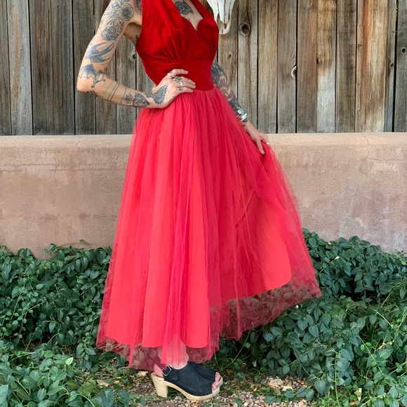 Vintage 1950s Bombshell Red Velvet Party Dress S/M - Picture 12 of 16